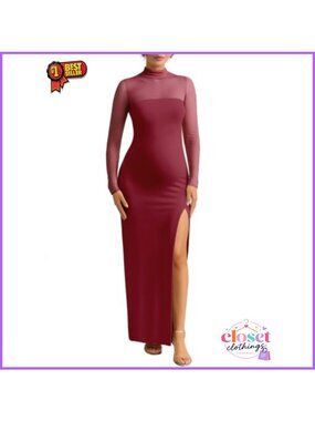Maternity Long Sleeve Bodycon Maxi Dress Mesh Mock Neck Baby Shower